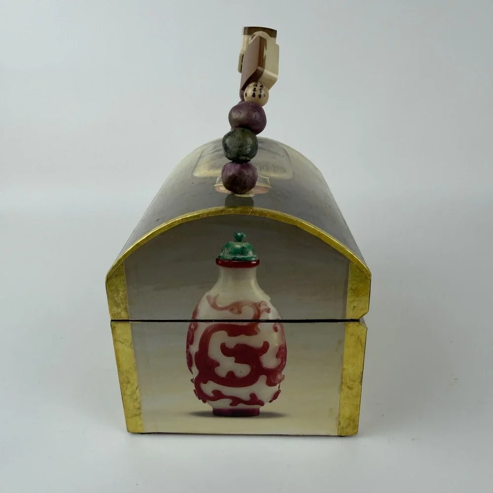 Beaded Handle Wooden Jewelry Trinket Box Asian Snuff‎ Bottle Print Hinged Latch